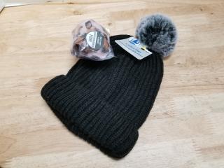 New Black Pom-Pom Beanie Set