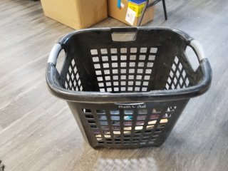 Black Laundry Basket, brush, hand spade