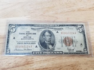 1929 $5 Boston National Currency Note