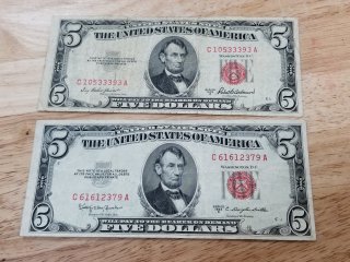 Pair of Vintage $5 Bills, 1953c and 1953a