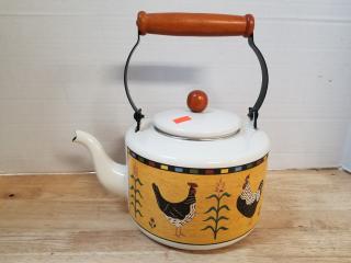 Enamelware tea kettle,  good cond,  11 in tall