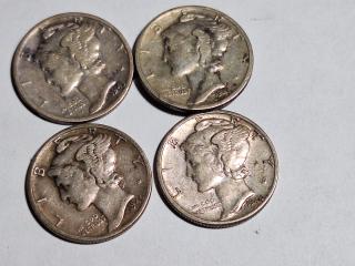 4 Mercury silver dimes, 1945, 1944, 1943S, 1941S