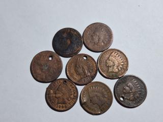 8 Indianhead pennies, each has some damage