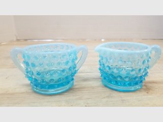 Blue Hobnail Glass Creamer and Sugar, exc cond.