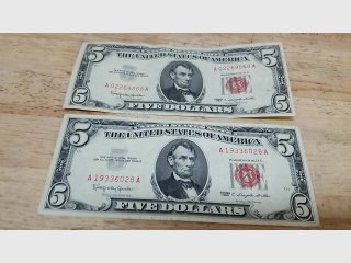 2 - 1963 $5 red seal notes,  about unc.