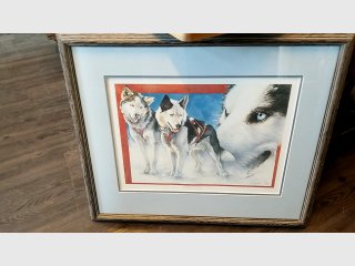 Framed Husky Dogs Print, 19x22 in, signed and numbered 