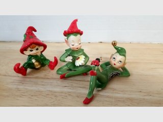 Damaged Vintage Green Elf Figurines Set, each 3 inch