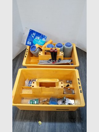 2 Yellow tool organizers, paint supplies, misc 
