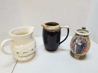 Longaberger pitcher, Miller stein, and brown pitcher, good cond 