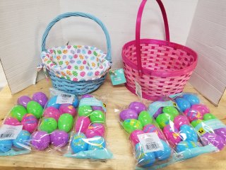 Two Easter baskets, 9 and 10 inch  and treat containers 