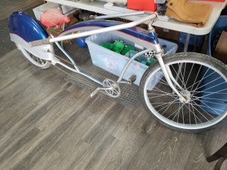 Custom long bike, blue, approx 7 foot long 