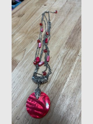 Red Multi-Strand Necklace w/ Shell Pendant