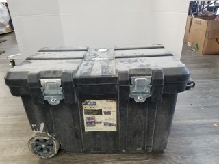 Black tote with wheels, approx 32 by 22 by 18 inch 
