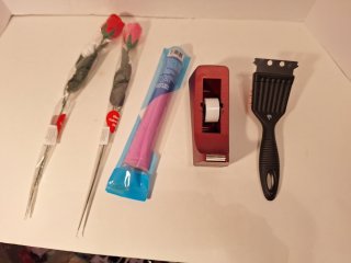 Grill brush, cooling towel,  roses, tape dispenser