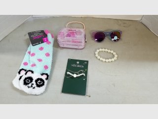 Fuzzy panda socks, slippers, jewelry, glasses