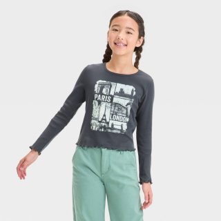 New Girls' Long Sleeve Fitted Graphic T-Shir, L 10/12