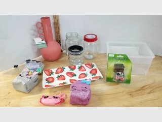 Metal vase, strawberry tray, pouch key chains, misc