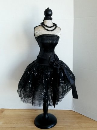 Black Sequin Tutu Dress on Mannequin display, 26 in