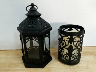 Black Metal Candle Lanterns, Good cond, tallest 9 in