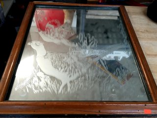 Framed Etched glass pheasant, 21x25