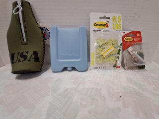 Green pouch and blue holder with hooks