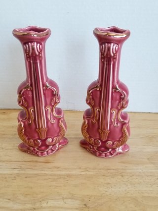 8 inch pink Violin Vases, marked 22K gold