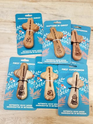 New Olive Wood Crosses in Blue Packages, 4 in