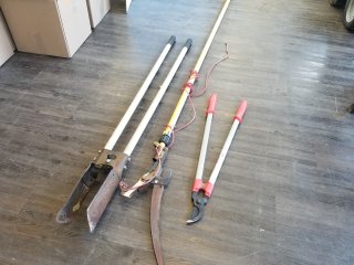 Post hole digger, tree saw, lopper