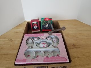 Tea set and Christmas ornaments 