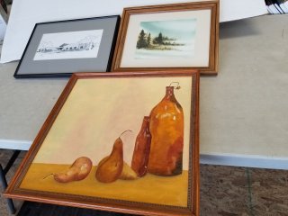 WALL hangings, largest 20 by 20 inch, one watercolor 
