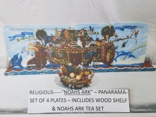 Noah\'s ark panorama plate set, wood shelf, tea set, mint 