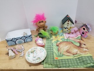 Trolls, angels, flag, birdhouse decor