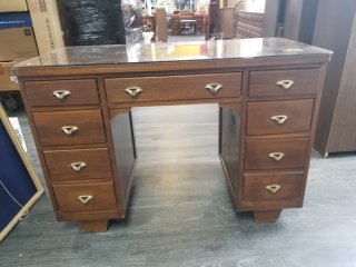WOOD desk, glass topper, 44 by 30 by 22 inch 
