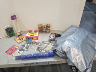 Drill, door knob, tarp, umbrella 