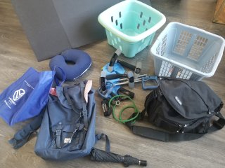 BAGS, umbrella, baskets, exercise items 