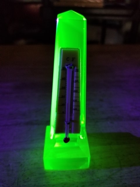 Item #45 — 1800's Vaseline glass obelisk thermometer, 5 inch tall, exc, cond.