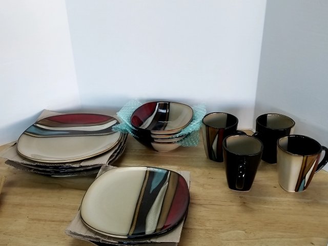 Item #329 — Complete Striped Ceramic Dinnerware Set, 4 setting, exc cond photo 1 of 6