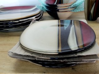 Item #329 — Complete Striped Ceramic Dinnerware Set, 4 setting, exc cond photo 5 of 6