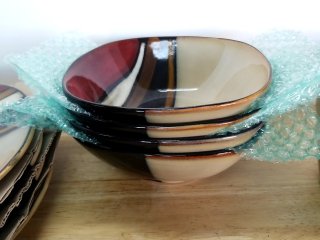 Item #329 — Complete Striped Ceramic Dinnerware Set, 4 setting, exc cond photo 3 of 6