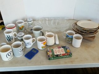 Item #341 — Mugs, Glass Bowl & Kitchen Lot photo 1 of 4