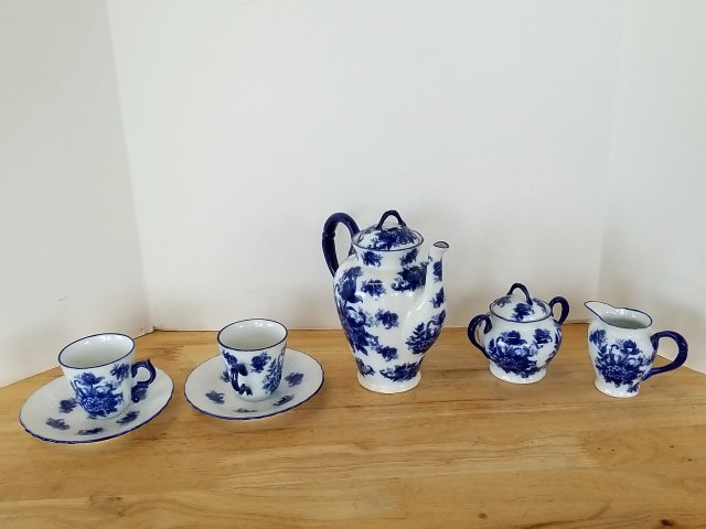 Item #253 — Blue Floral Porcelain Tea Set, tallest 8 inch, great shape photo 1 of 5