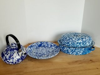 Item #250 — Blue Speckled Enamel Kitchenware Set