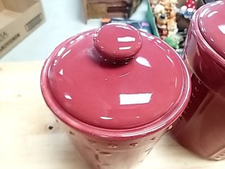 Item #244 — Red Ceramic Canister Set Good cond, largest 10 in photo 2 of 4
