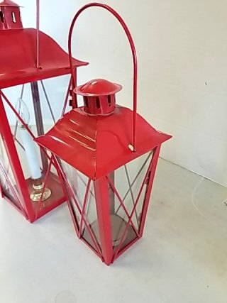 Item #7 — Red Metal Lanterns Set, tallest approx 12 inch photo 2 of 3