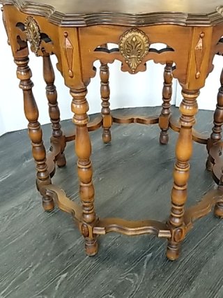 Item #7 — ORNATE Wood Side Table, 30 x 30 inch, beautiful, good shape photo 4 of 7