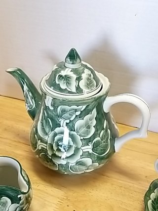 Item #28 — Green Floral Tea Set Great shape,  tallest 9 inch photo 3 of 7