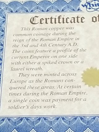 Item #47 — Roman Copper Coin, 238-415 A.D.,with COA photo 5 of 5