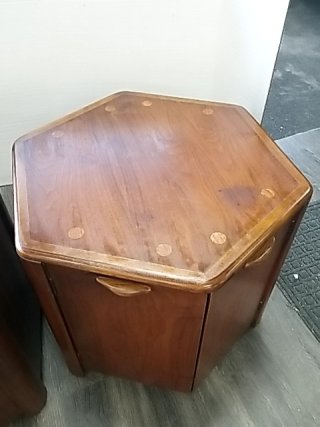 Item #171 — PAIR of Hexagon Side Tables, good shape Each 28 by 24 by 22 inch photo 2 of 7