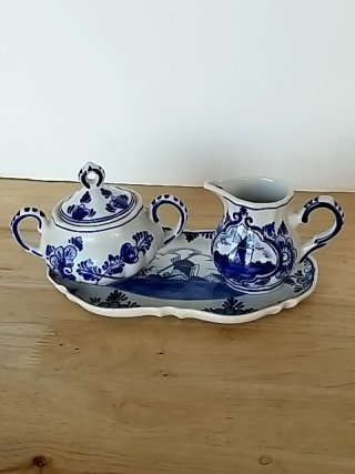 Item #206 — Blue & White Ceramic Tea Set on Tray Good cond,  tallest 4 inch photo 1 of 4