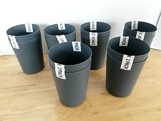 Item #233 — New Gray Plastic Cups with Labels